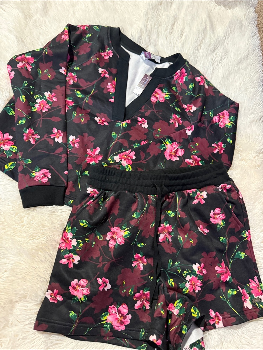 Adore Me Black Floral V-Neck Top & Shorts Set - Pink Flowers